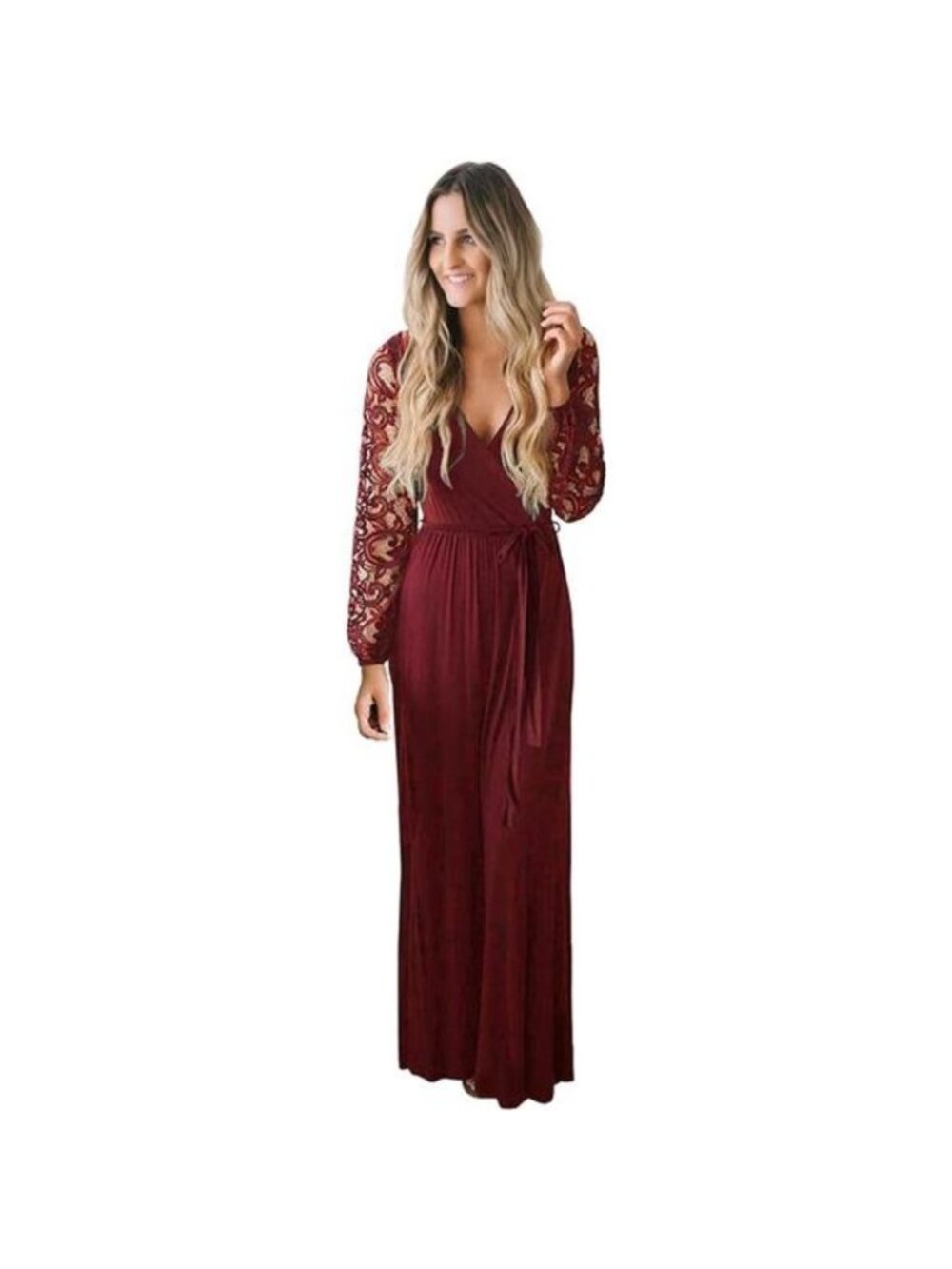 Women's Vintage Floral Lace Long Sleeve Faux Wrap V Neck Party Long Maxi Dress